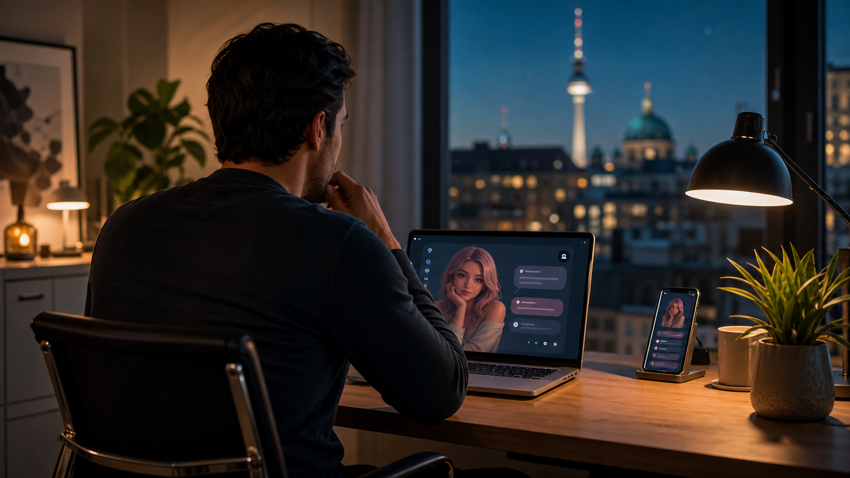 Adult woman in a calm studio setting with thoughtful AI companion product notes