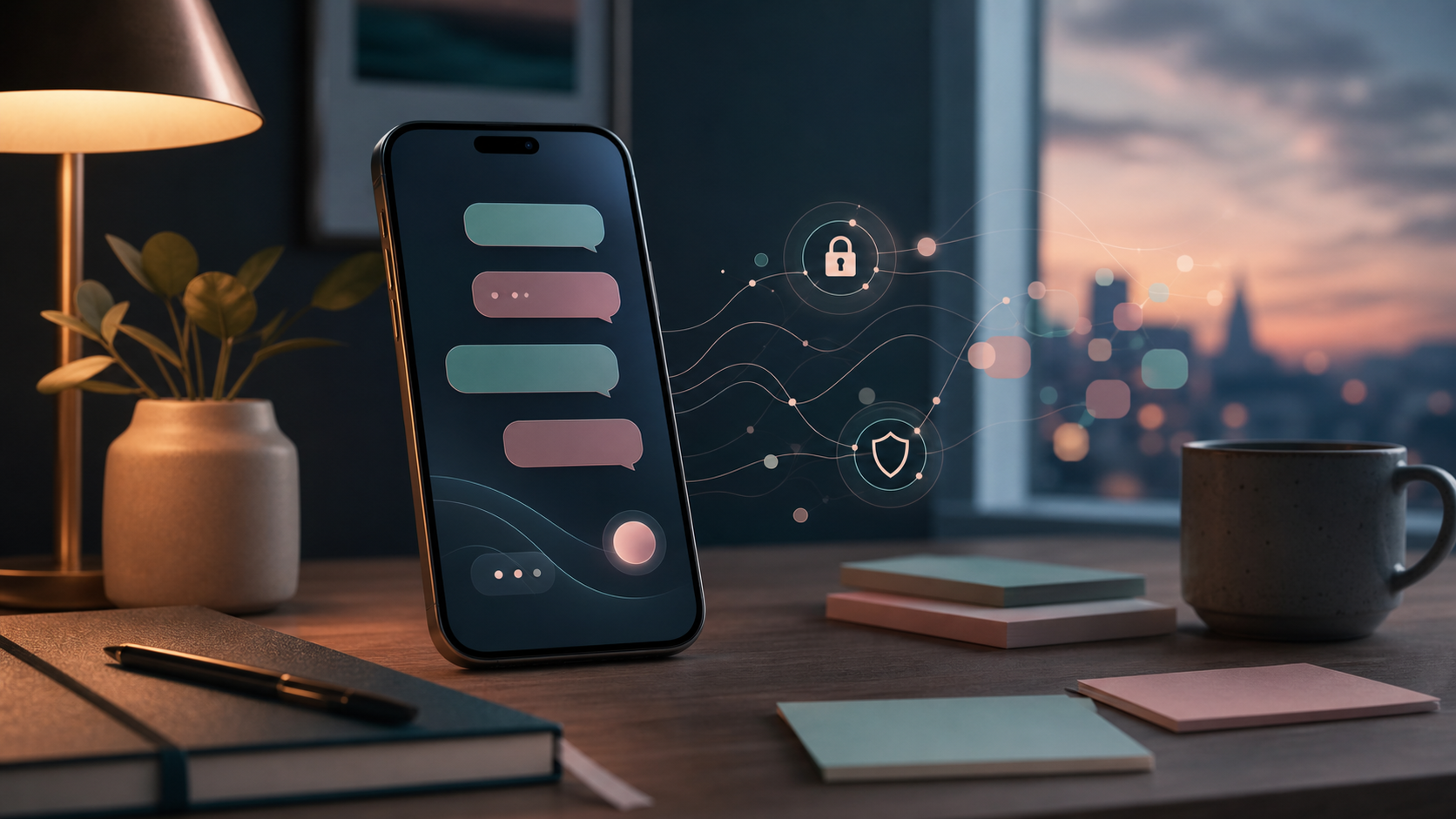 Private AI companion chat interface on an evening desk
