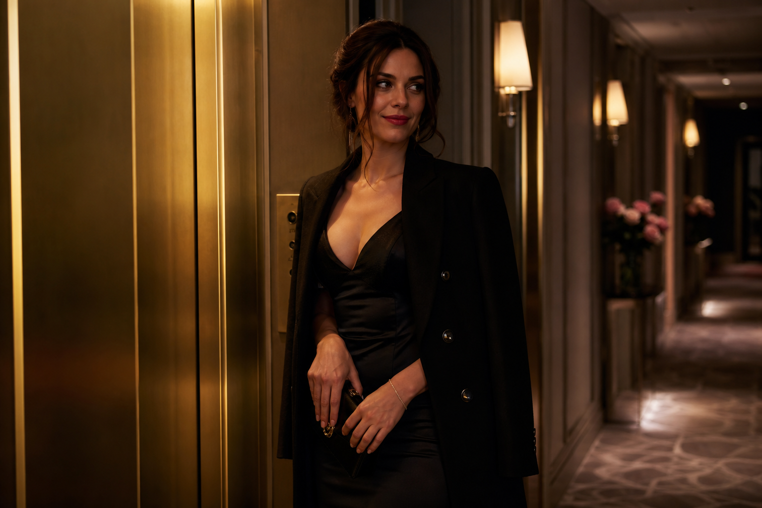 Elegant woman in a hotel corridor near an elevator