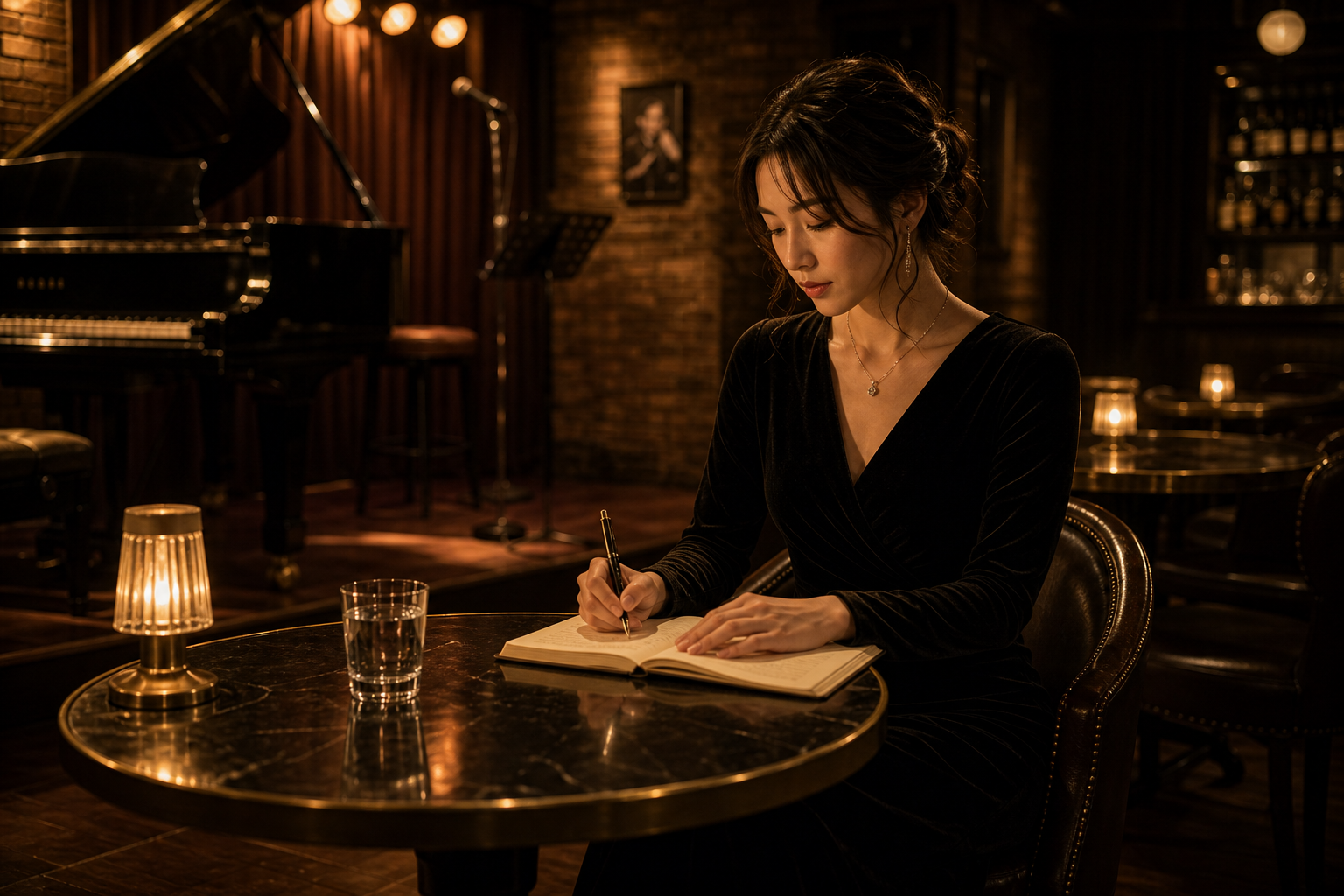 Woman writing in a notebook in a quiet jazz bar