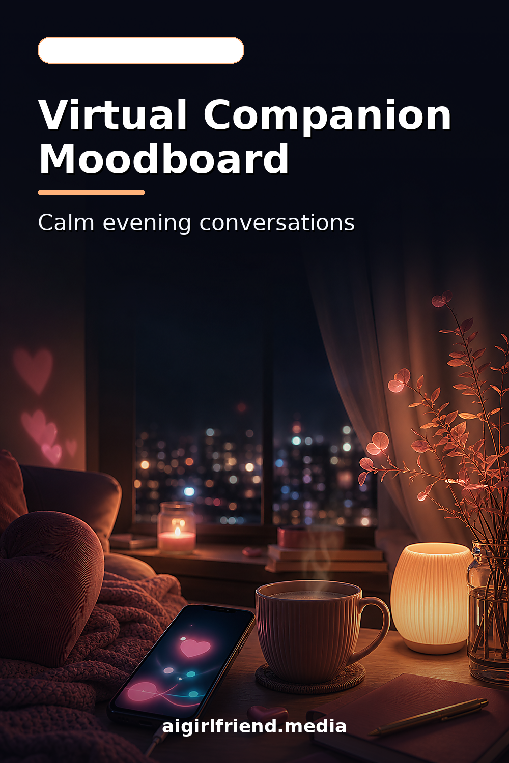 Private companion app moodboard on a calm evening desk