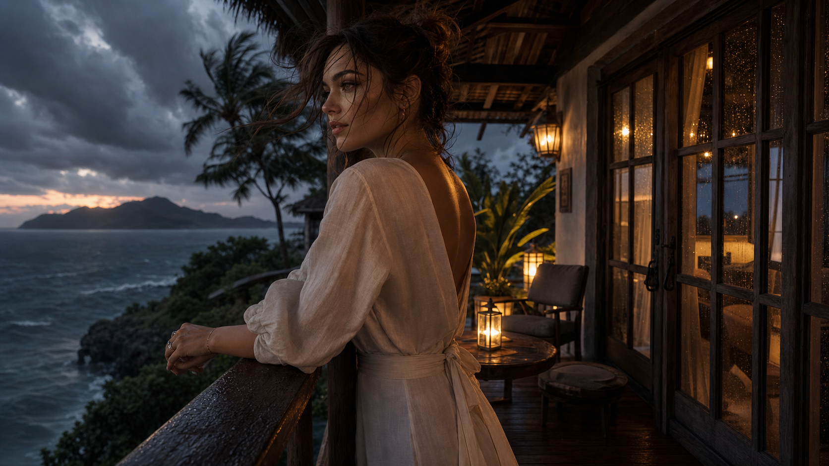 Adult woman on a storm-lit island house veranda