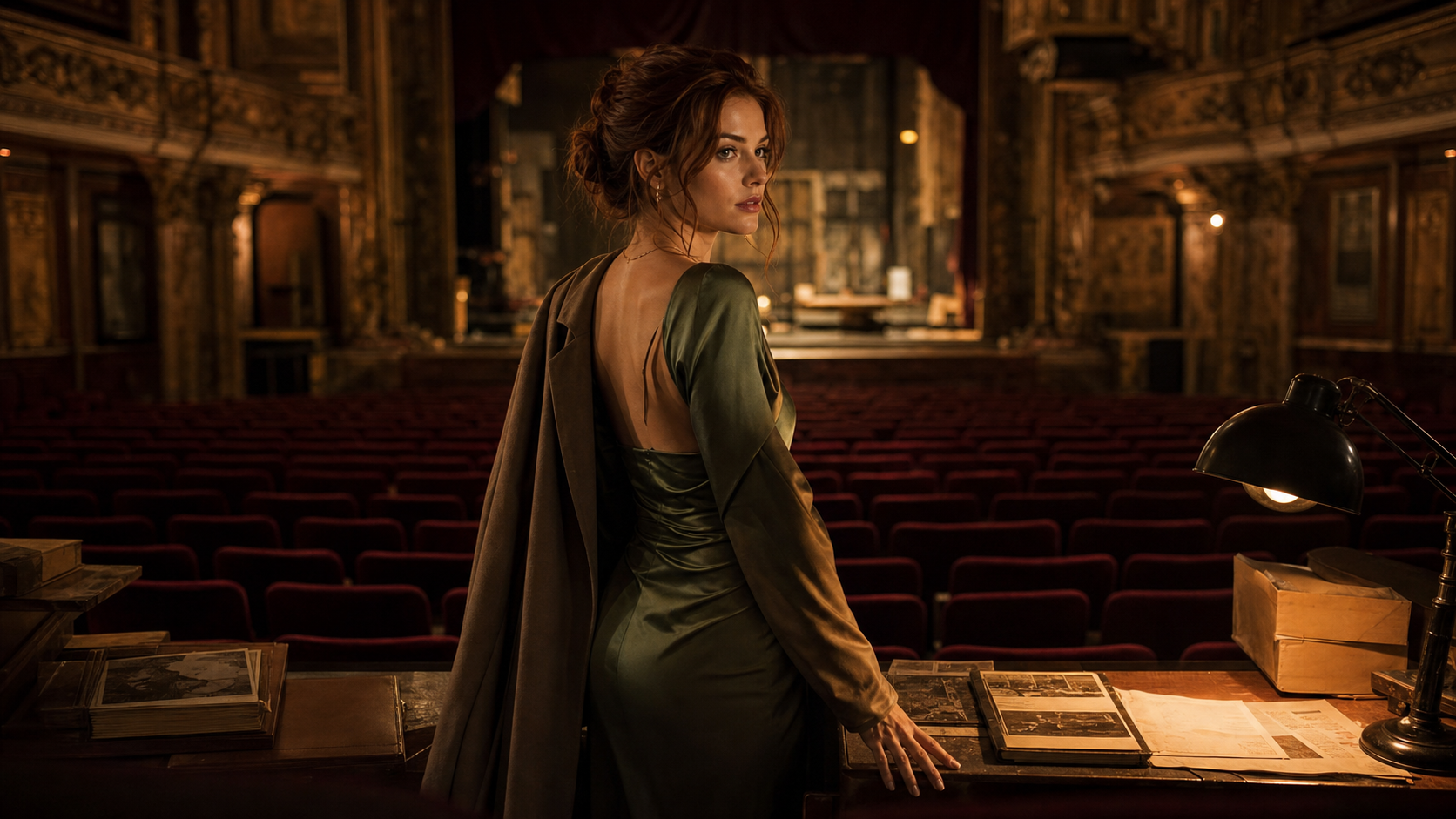 Adult woman in a quiet historic theater archive at night