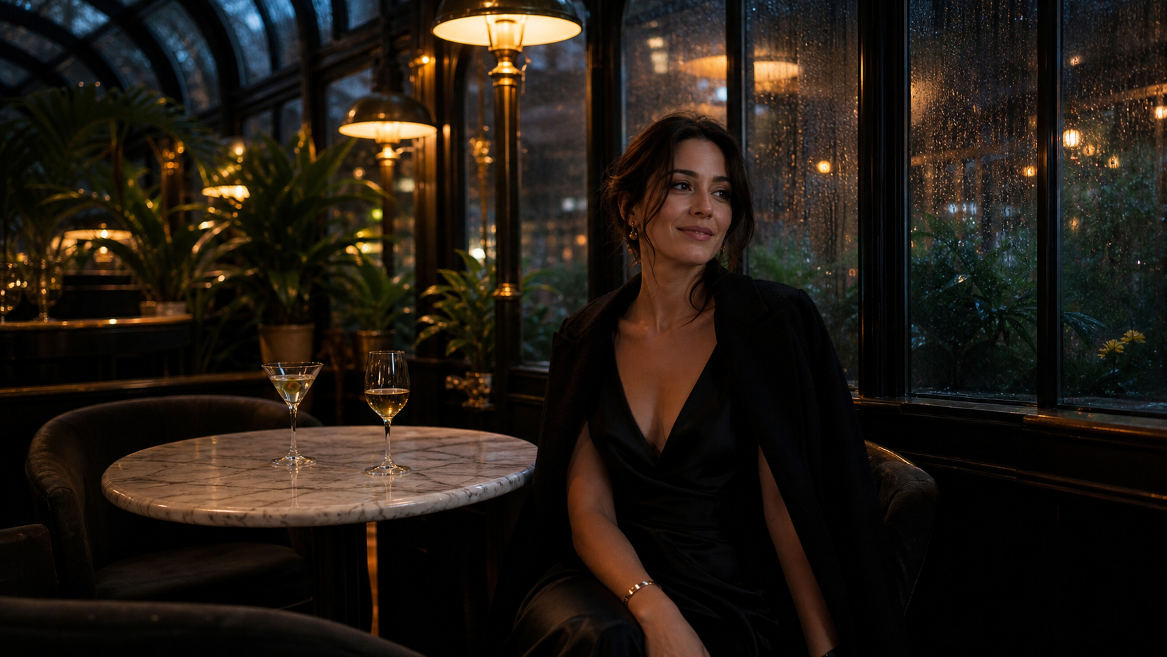 Woman waiting in a rain-lit winter garden bar